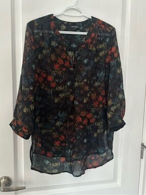 NWOT Women’s Sheer Black Blouse with Red, Green and Blue Floral Print Flowy Chic